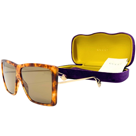 NWT Gucci GG LOGO Oversize Square Sunglasses Brown Acetate Gold‎ Wire Frames
